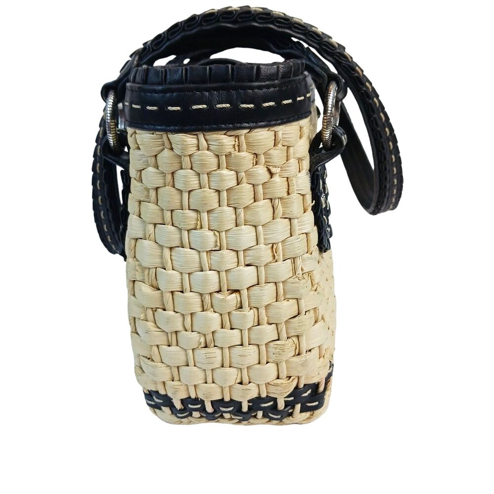 Brighton Straw Raffia Woven Handbag Black Ruffle Double Strap Tote Shopper Purse - Picture 6 of 16